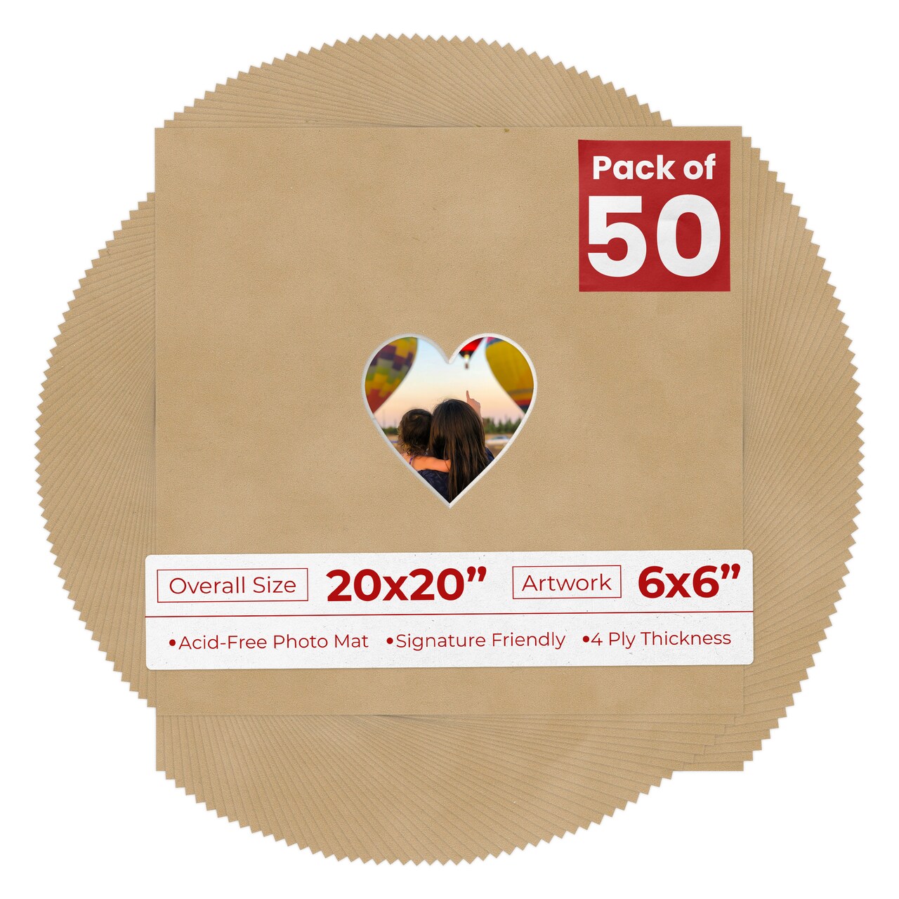 Beige Suede Mat Board for 20x20 Frames - Heart Opening for 6x6 Photos